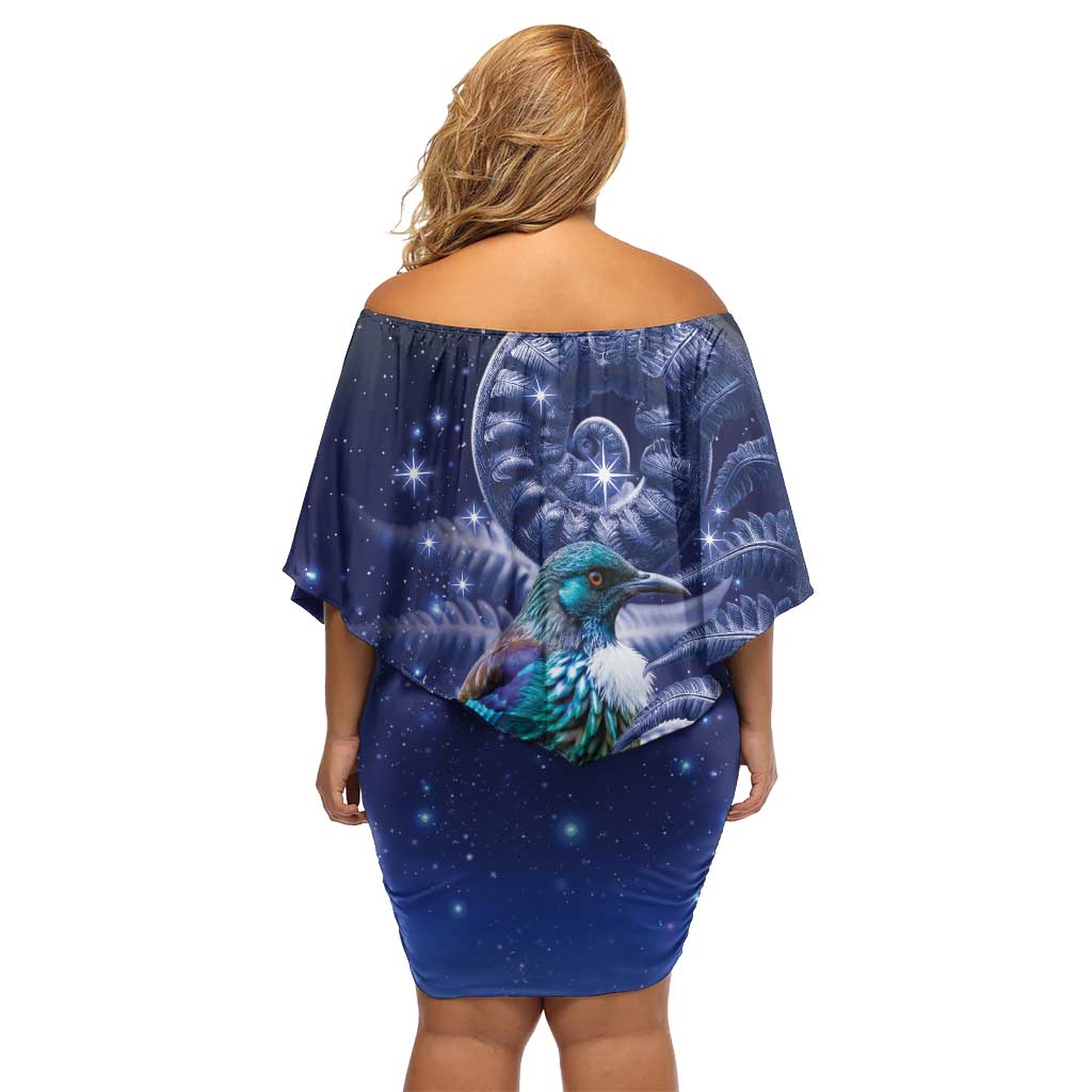 Tui Bird Matariki Galaxy Family Matching Off Shoulder Short Dress and Hawaiian Shirt Koru Silver Fern Aotearoa LT9 - Polynesian Pride