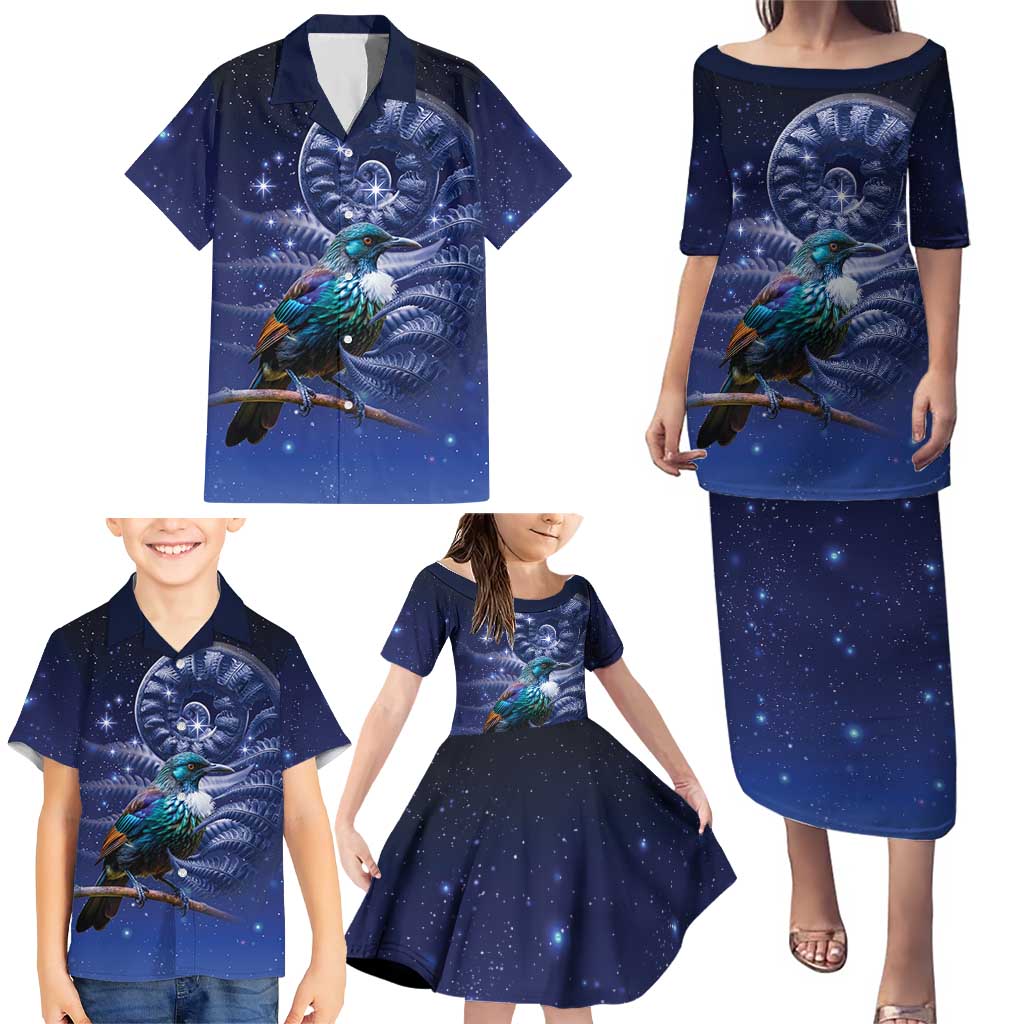 Tui Bird Matariki Galaxy Family Matching Puletasi and Hawaiian Shirt Koru Silver Fern Aotearoa LT9 - Polynesian Pride
