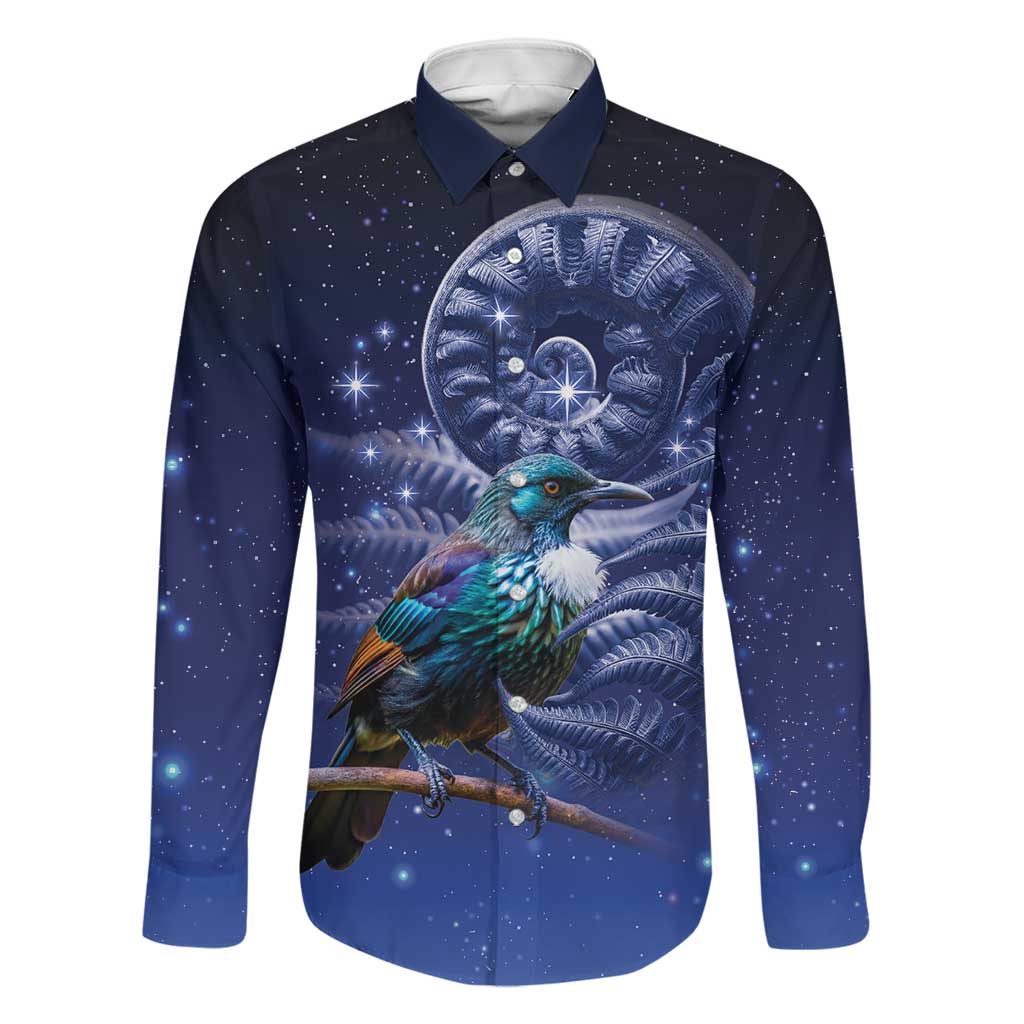 Tui Bird Matariki Galaxy Family Matching Short Sleeve Bodycon Dress and Hawaiian Shirt Koru Silver Fern Aotearoa LT9 Dad's Shirt - Long Sleeve Galaxy - Polynesian Pride