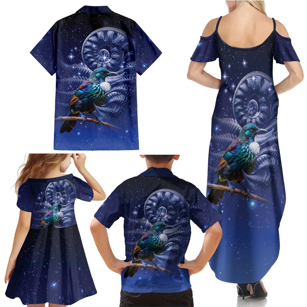 Tui Bird Matariki Galaxy Family Matching Summer Maxi Dress and Hawaiian Shirt Koru Silver Fern Aotearoa LT9 - Polynesian Pride