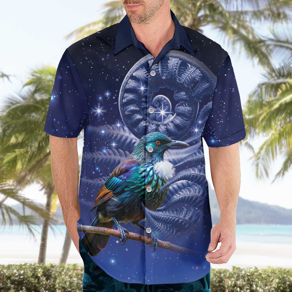 Tui Bird Matariki Galaxy Hawaiian Shirt Koru Silver Fern Aotearoa