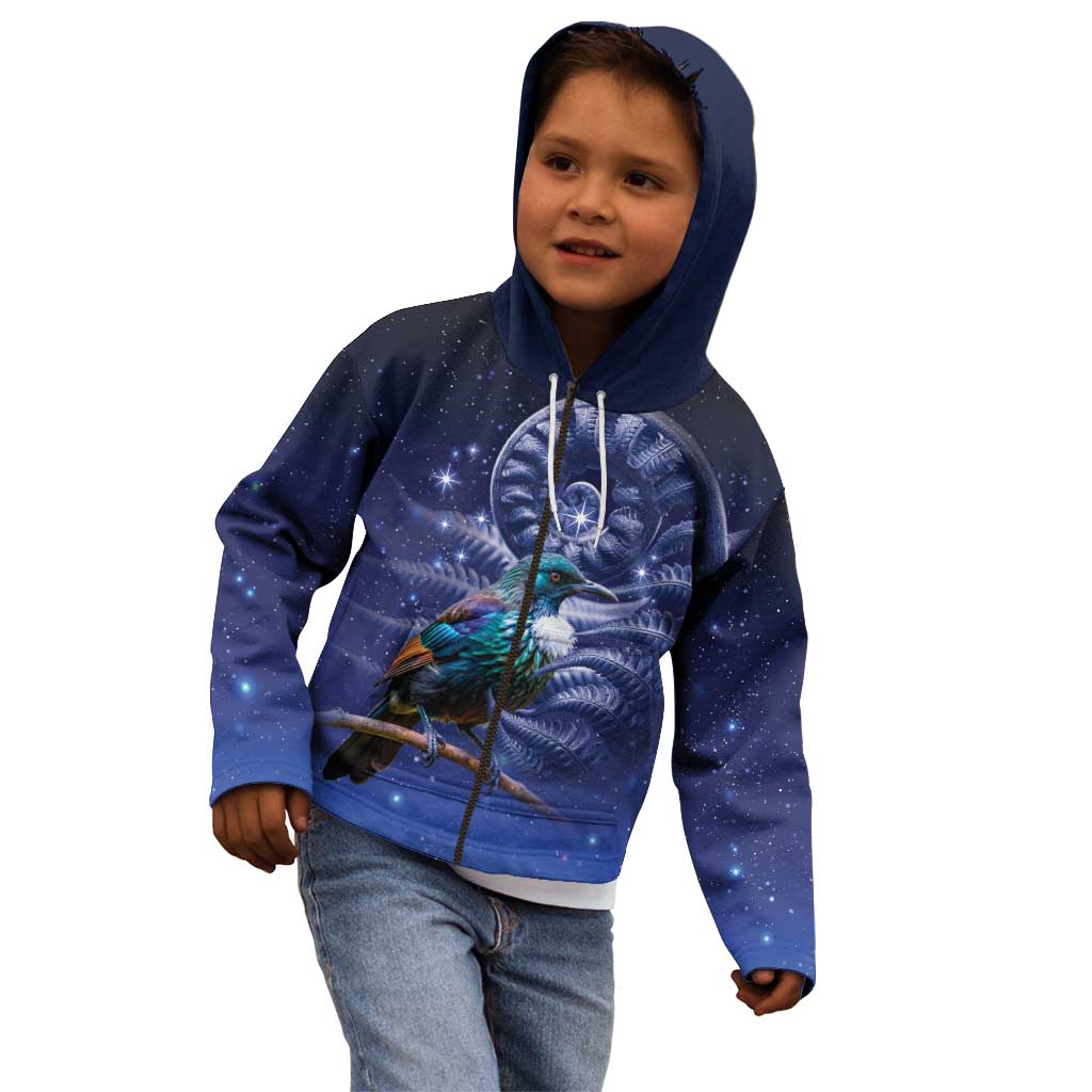 Tui Bird Matariki Galaxy Kid Hoodie Koru Silver Fern Aotearoa