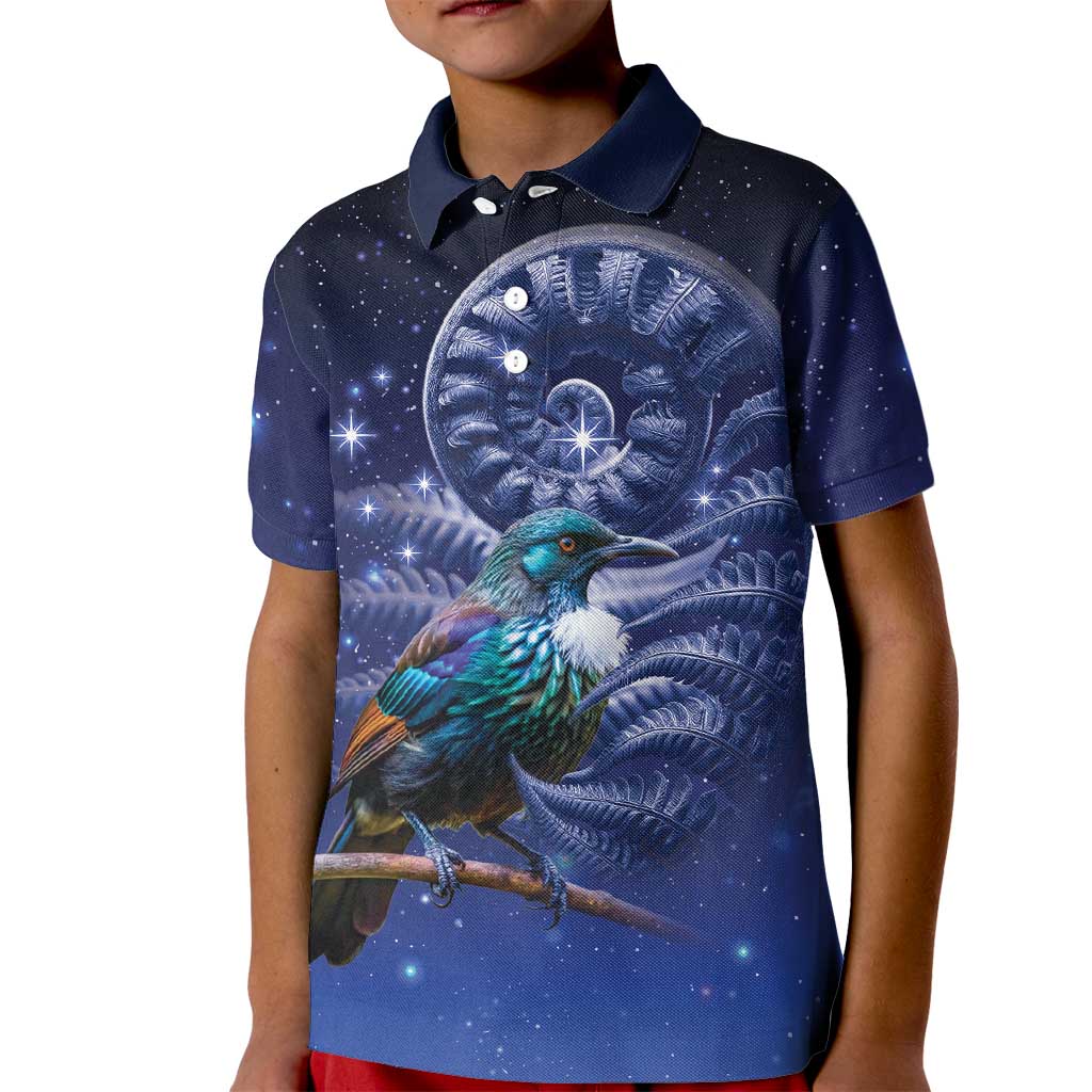 Tui Bird Matariki Galaxy Kid Polo Shirt Koru Silver Fern Aotearoa