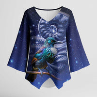 Tui Bird Matariki Galaxy Kimono Sleeve Blouse Koru Silver Fern Aotearoa LT9 Female Galaxy - Polynesian Pride