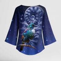 Tui Bird Matariki Galaxy Kimono Sleeve Blouse Koru Silver Fern Aotearoa LT9 - Polynesian Pride