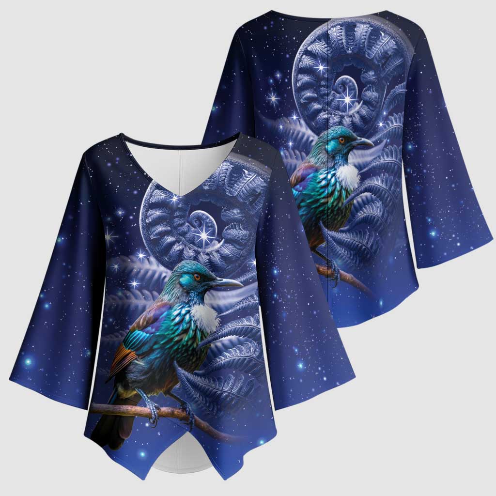 Tui Bird Matariki Galaxy Kimono Sleeve Blouse Koru Silver Fern Aotearoa LT9 - Polynesian Pride