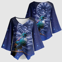 Tui Bird Matariki Galaxy Kimono Sleeve Blouse Koru Silver Fern Aotearoa LT9 - Polynesian Pride
