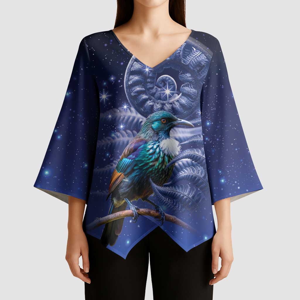 Tui Bird Matariki Galaxy Kimono Sleeve Blouse Koru Silver Fern Aotearoa LT9 - Polynesian Pride