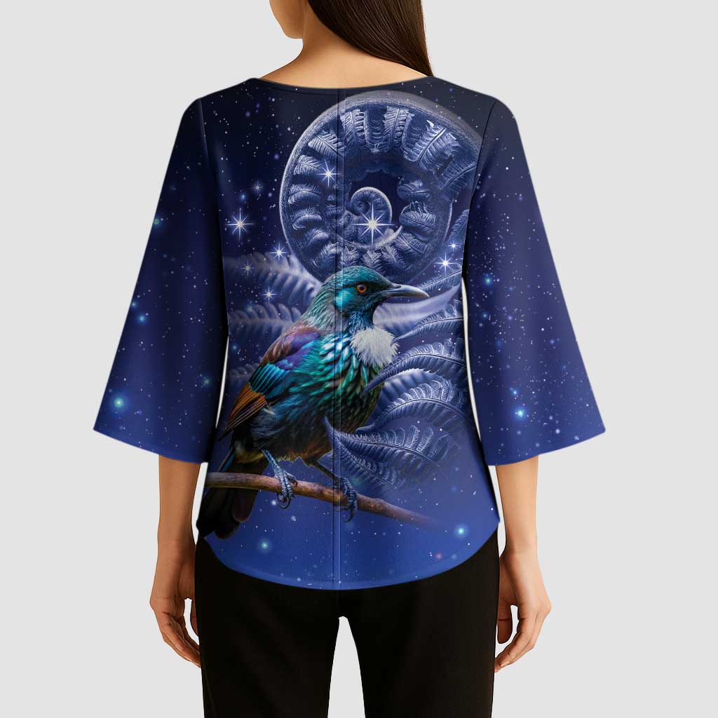 Tui Bird Matariki Galaxy Kimono Sleeve Blouse Koru Silver Fern Aotearoa LT9 - Polynesian Pride