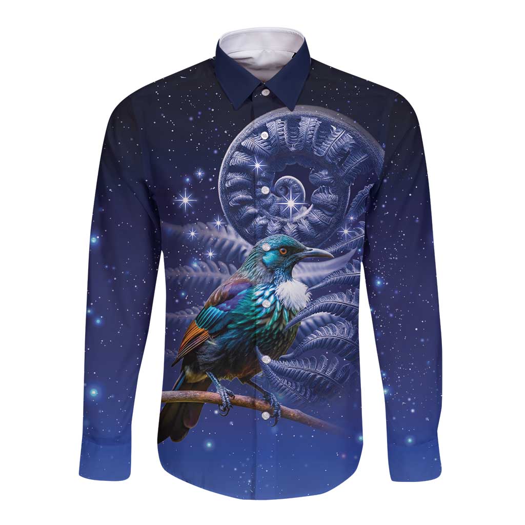 Tui Bird Matariki Galaxy Long Sleeve Button Shirt Koru Silver Fern Aotearoa