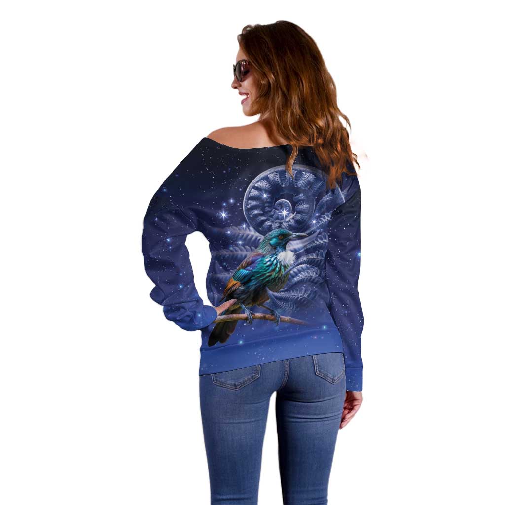 Tui Bird Matariki Galaxy Off Shoulder Sweater Koru Silver Fern Aotearoa