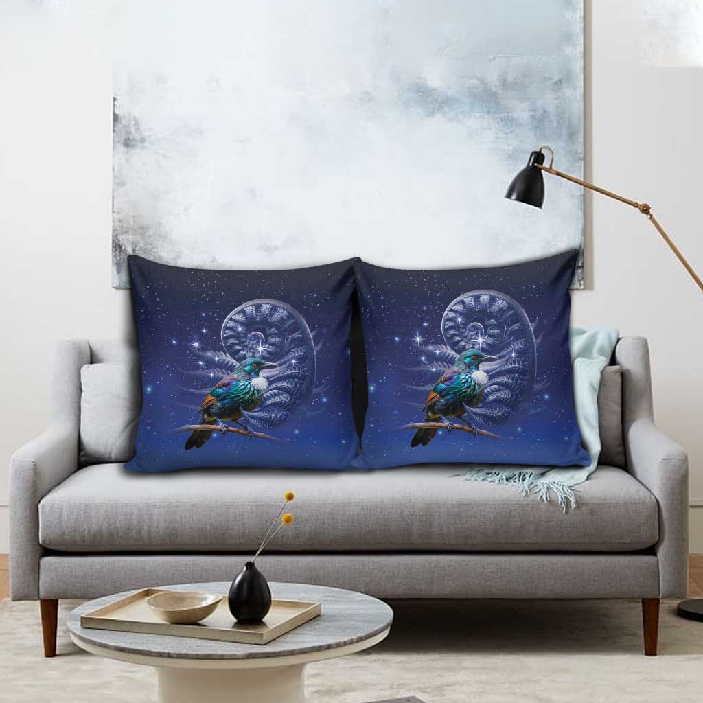 Tui Bird Matariki Galaxy Pillow Cover Koru Silver Fern Aotearoa