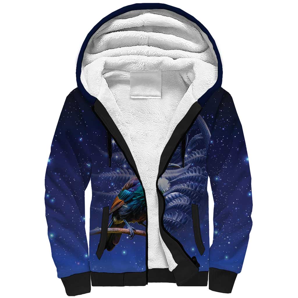 Tui Bird Matariki Galaxy Sherpa Hoodie Koru Silver Fern Aotearoa