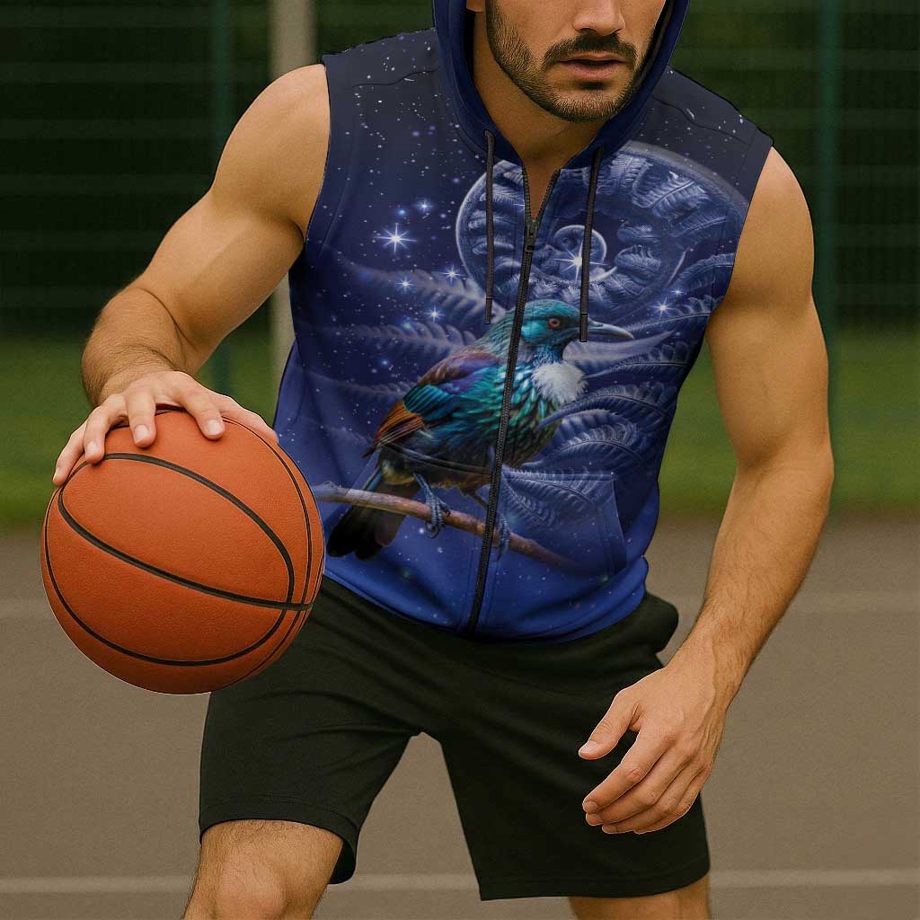 Tui Bird Matariki Galaxy Sleeveless Zip Hoodie Koru Silver Fern Aotearoa