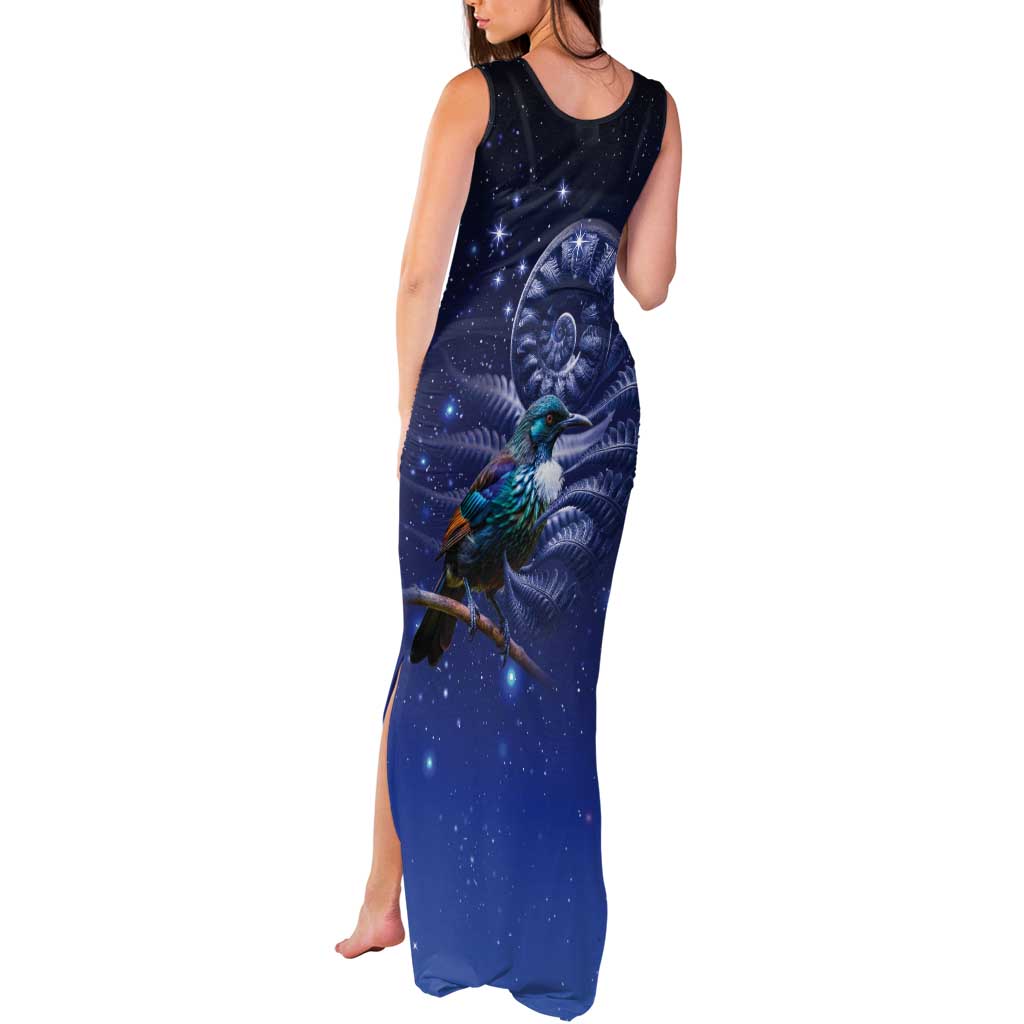 Tui Bird Matariki Galaxy Tank Maxi Dress Koru Silver Fern Aotearoa