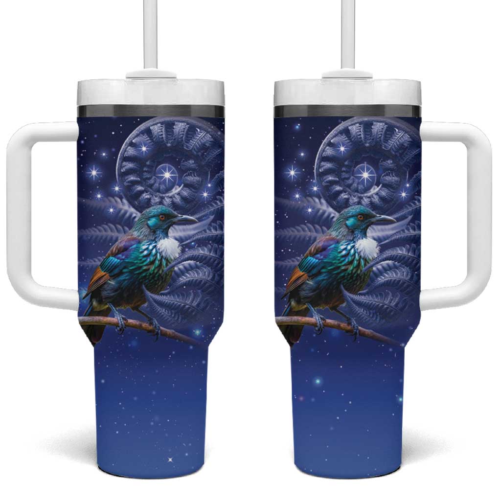 Tui Bird Matariki Galaxy Tumbler With Handle Koru Silver Fern Aotearoa