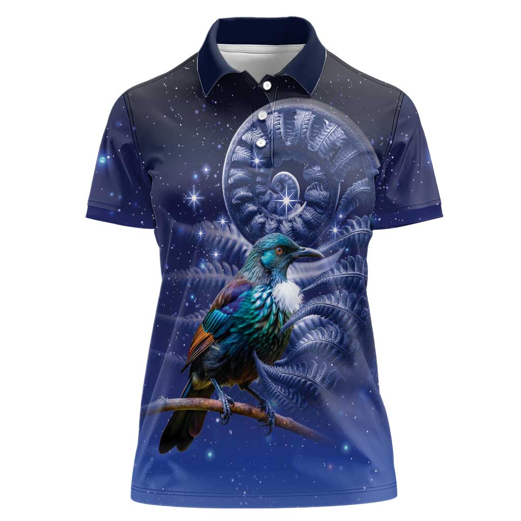 Tui Bird Matariki Galaxy Women Polo Shirt Koru Silver Fern Aotearoa