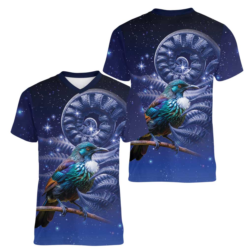 Tui Bird Matariki Galaxy Women V-Neck T-Shirt Koru Silver Fern Aotearoa