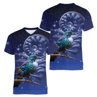 Tui Bird Matariki Galaxy Women V-Neck T-Shirt Koru Silver Fern Aotearoa