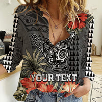 Personalised Hawaii Shaka Surf Hand Sign Women Casual Shirt Polynesian Vintage Vibes LT9 Female Black - Polynesian Pride