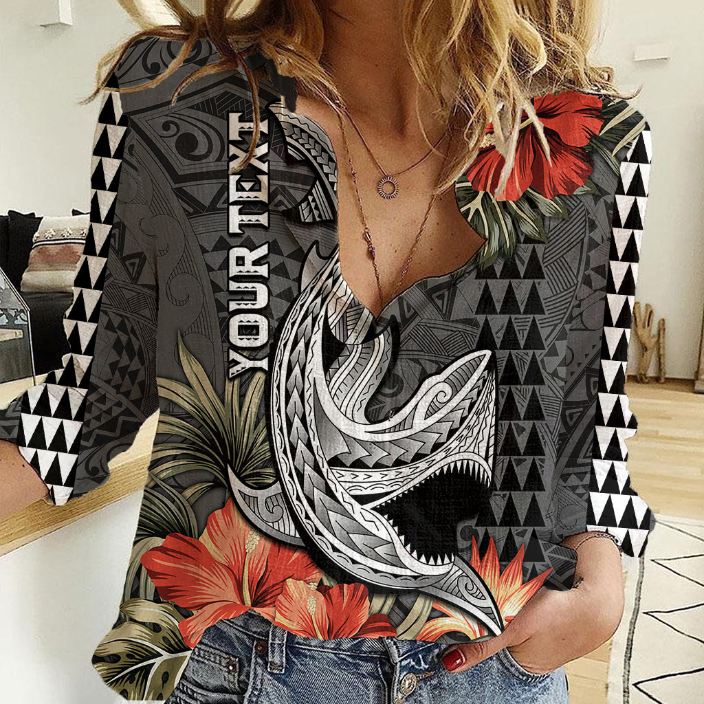 Personalised Hawaii Shark Tattoo Women Casual Shirt Polynesian Vintage Vibes LT9 Female Black - Polynesian Pride