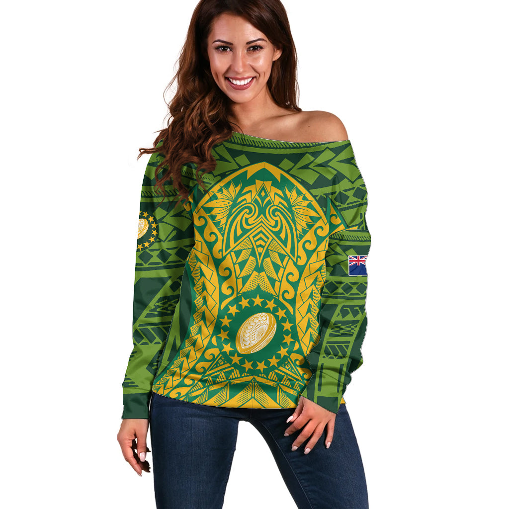 Personalised Cook Islands Rugby Off Shoulder Sweater Kukis Athletic Style LT9 Women Green - Polynesian Pride