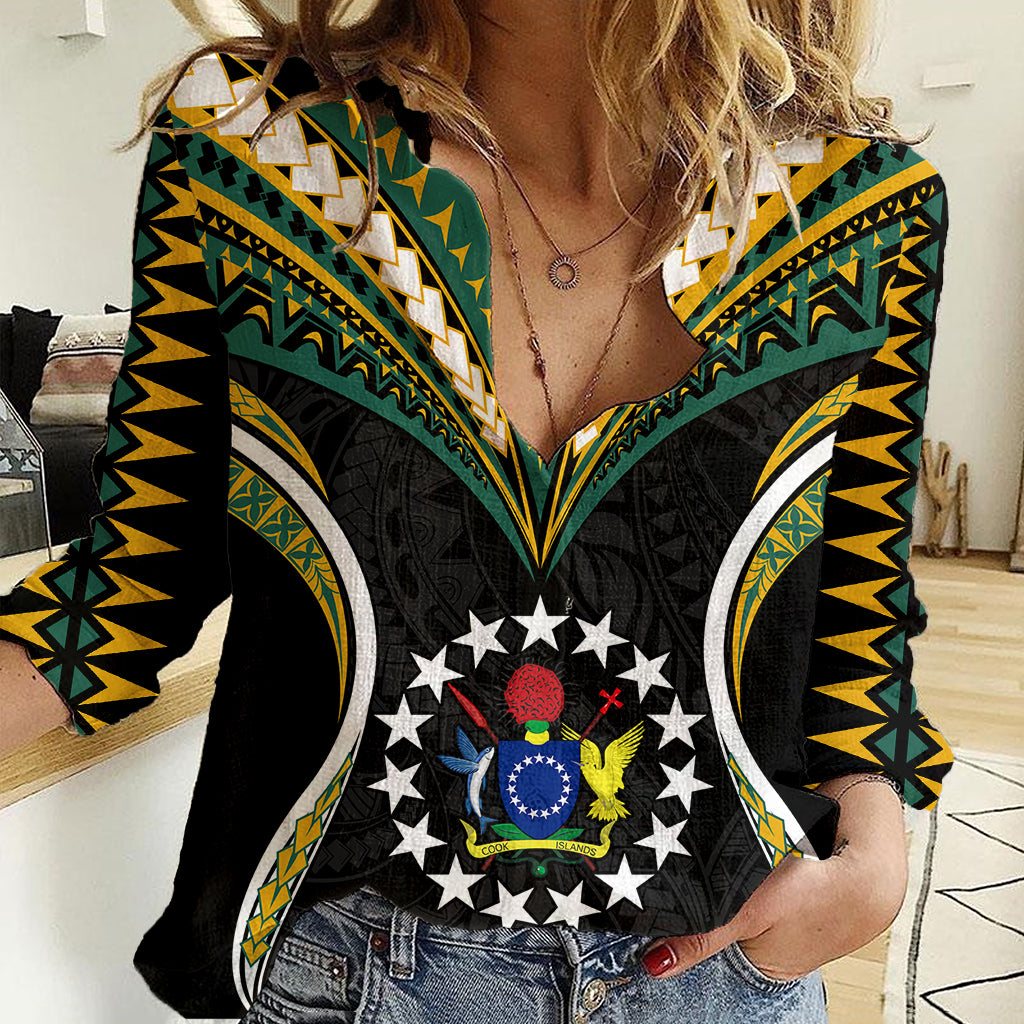 Personalised Polynesian Pride Cook Islands Women Casual Shirt Tribal Wave Style LT9 Female Black - Polynesian Pride