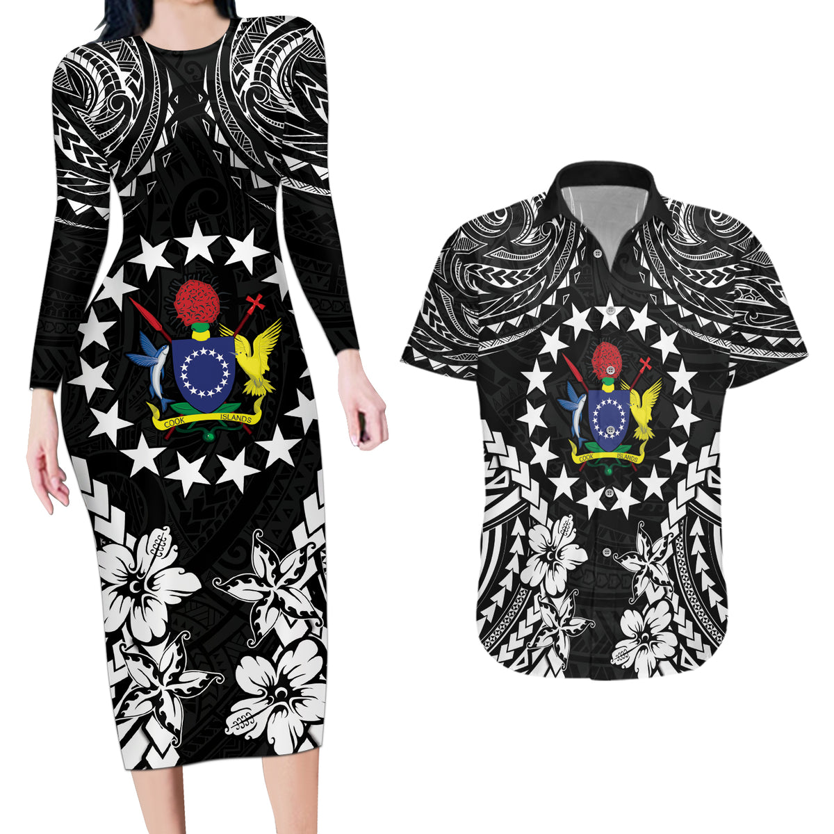 Cook Islands Ra o te Ui Ariki Est 1967 Couples Matching Long Sleeve Bodycon Dress and Hawaiian Shirt LT9 Black - Polynesian Pride