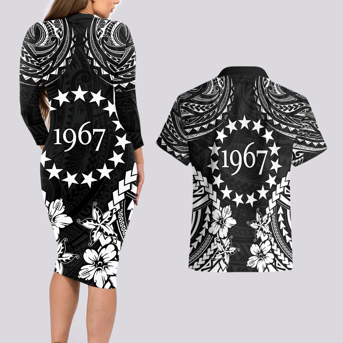 Cook Islands Ra o te Ui Ariki Est 1967 Couples Matching Long Sleeve Bodycon Dress and Hawaiian Shirt LT9 - Polynesian Pride