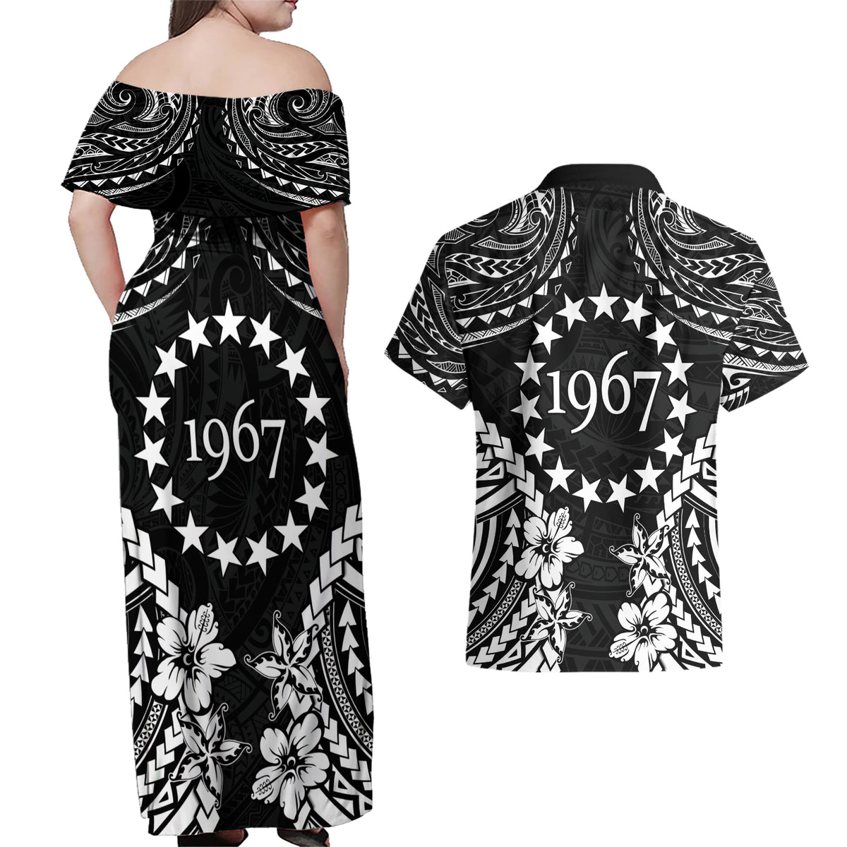 Cook Islands Ra o te Ui Ariki Est 1967 Couples Matching Off Shoulder Maxi Dress and Hawaiian Shirt LT9 - Polynesian Pride