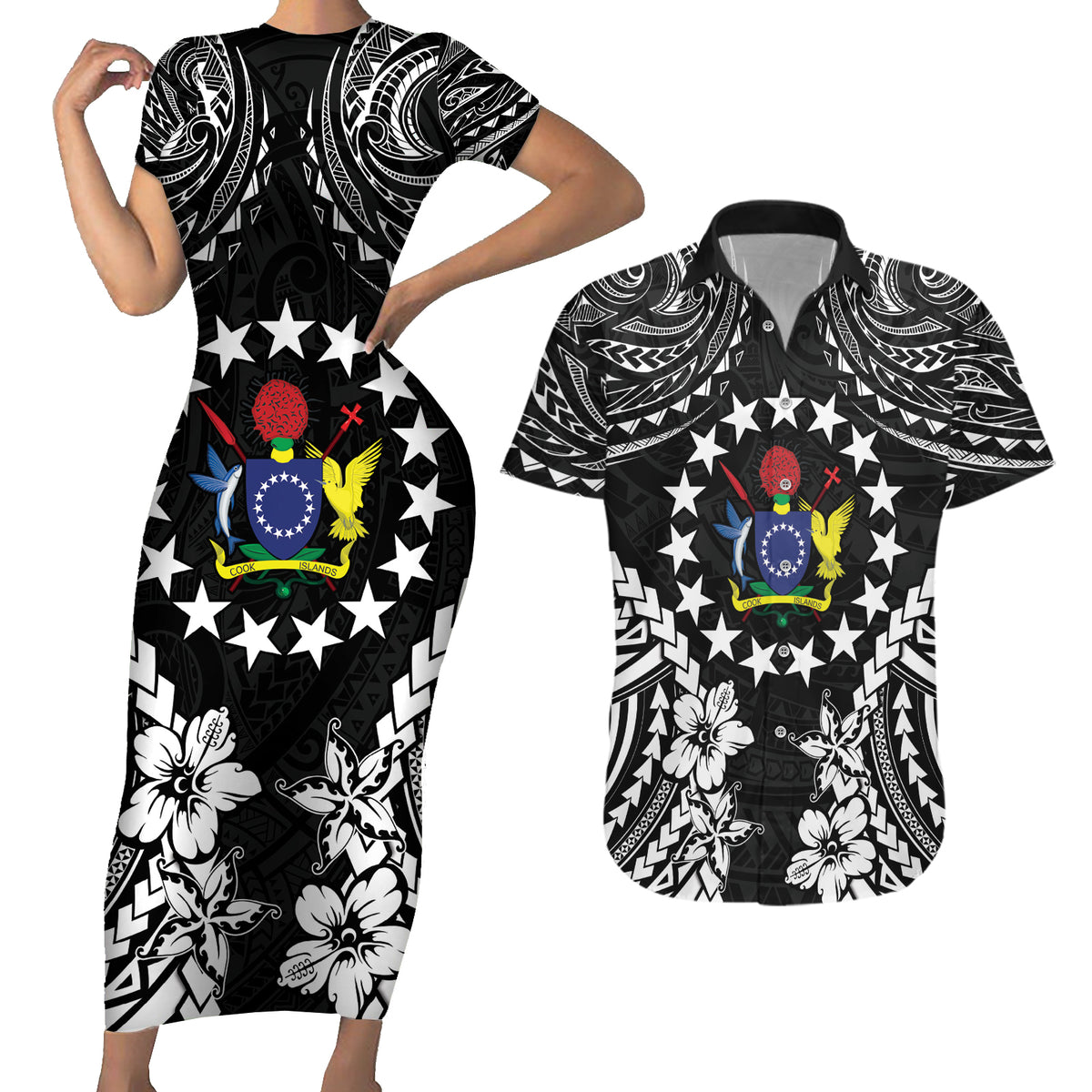 Cook Islands Ra o te Ui Ariki Est 1967 Couples Matching Short Sleeve Bodycon Dress and Hawaiian Shirt LT9 Black - Polynesian Pride