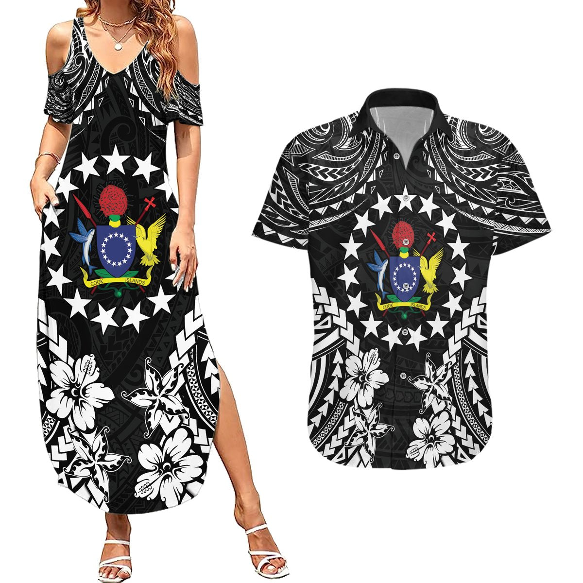 Cook Islands Ra o te Ui Ariki Est 1967 Couples Matching Summer Maxi Dress and Hawaiian Shirt LT9 Black - Polynesian Pride