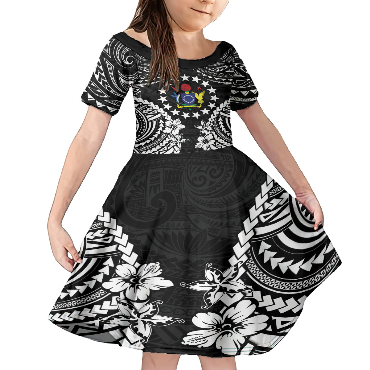 Cook Islands Ra o te Ui Ariki Est 1967 Family Matching Long Sleeve Bodycon Dress and Hawaiian Shirt LT9 Daughter's Dress Black - Polynesian Pride