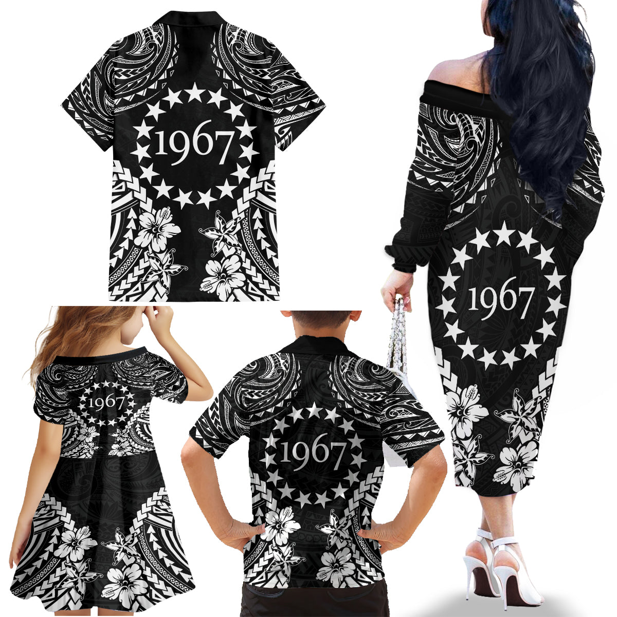 Cook Islands Ra o te Ui Ariki Est 1967 Family Matching Off The Shoulder Long Sleeve Dress and Hawaiian Shirt LT9 - Polynesian Pride