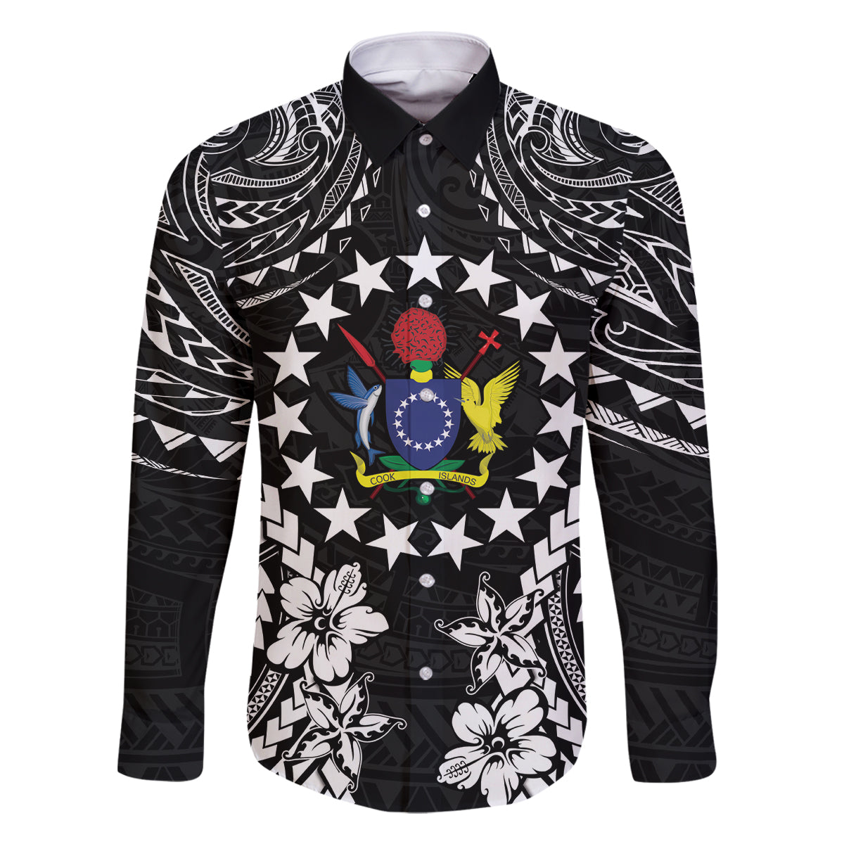 Cook Islands Ra o te Ui Ariki Est 1967 Family Matching Off Shoulder Short Dress and Hawaiian Shirt LT9 Dad's Shirt - Long Sleeve Black - Polynesian Pride