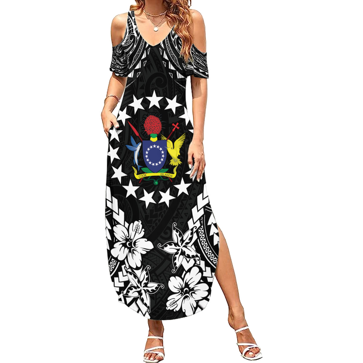 Cook Islands Ra o te Ui Ariki Est 1967 Family Matching Summer Maxi Dress and Hawaiian Shirt LT9 Mom's Dress Black - Polynesian Pride