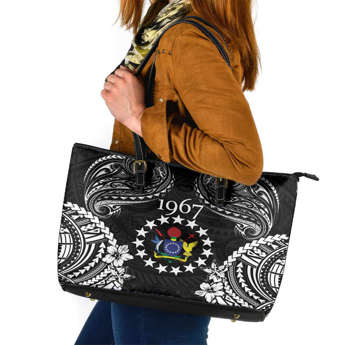 Cook Islands Ra o te Ui Ariki Est 1967 Leather Tote Bag LT9 Black - Polynesian Pride