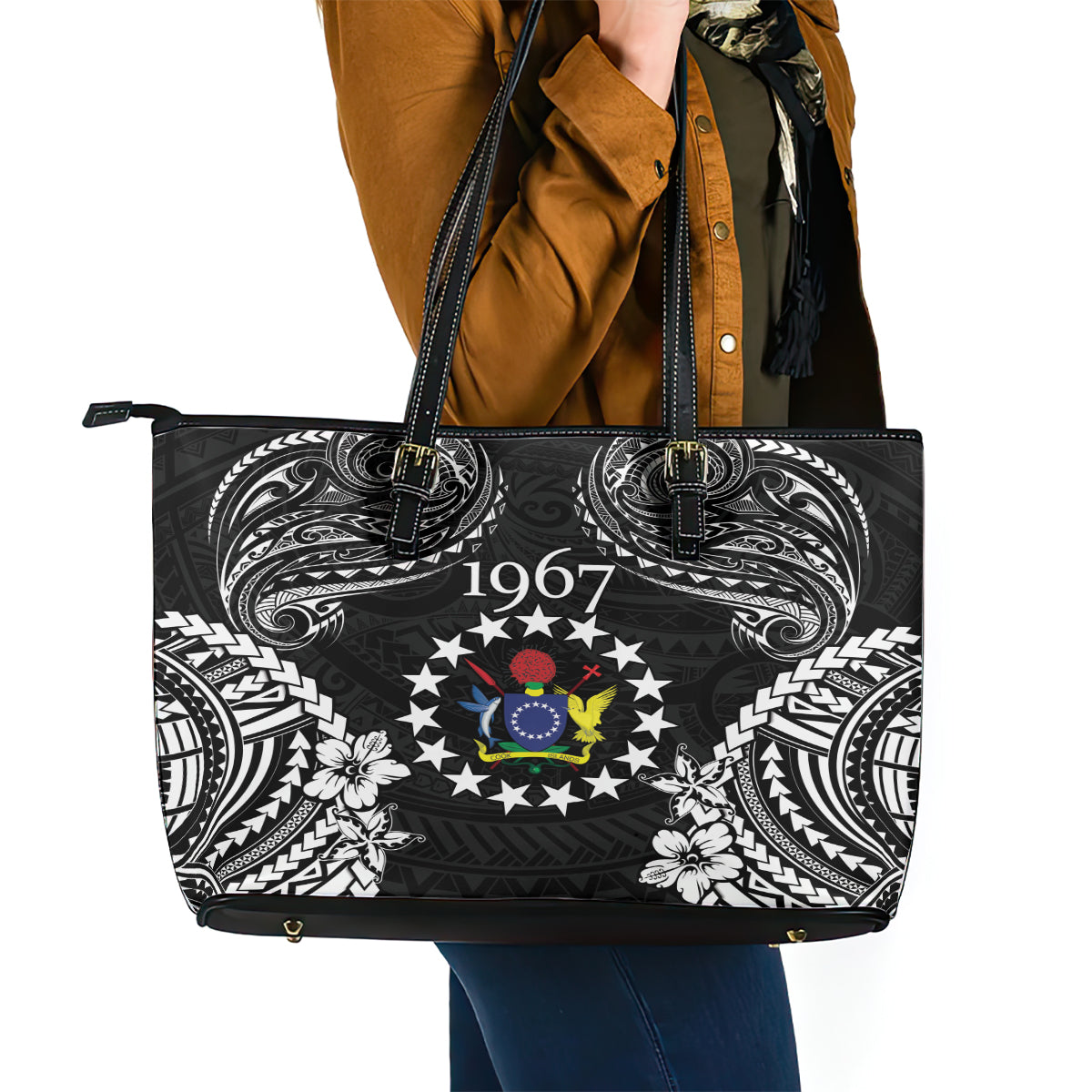 Cook Islands Ra o te Ui Ariki Est 1967 Leather Tote Bag LT9 - Polynesian Pride