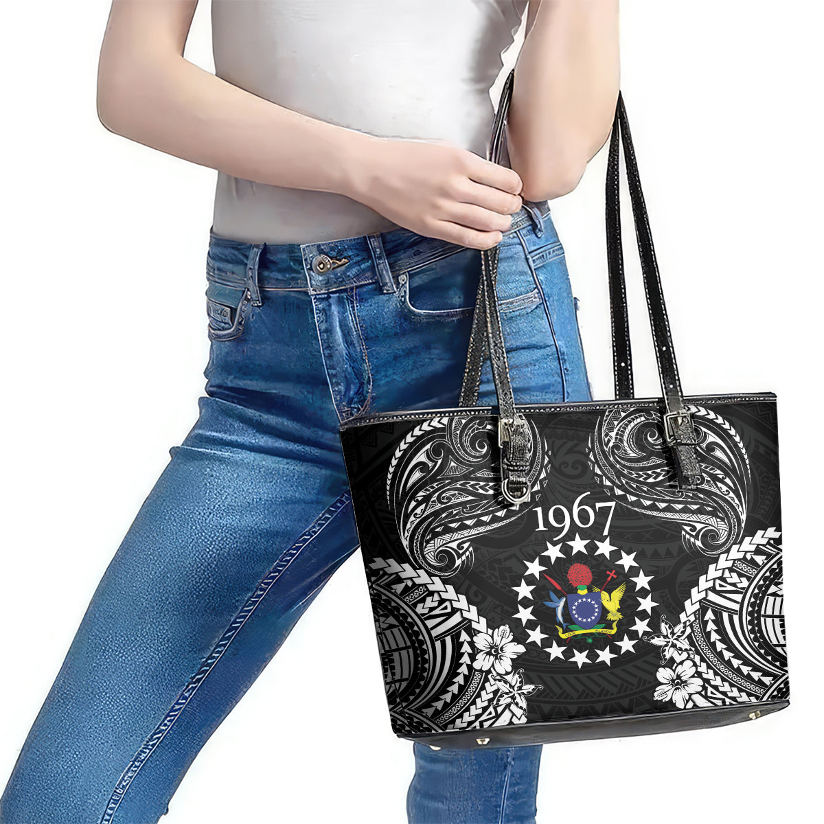 Cook Islands Ra o te Ui Ariki Est 1967 Leather Tote Bag LT9 - Polynesian Pride
