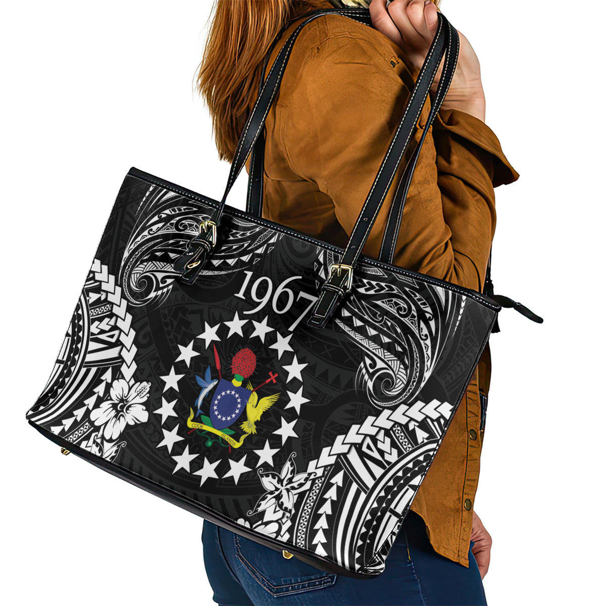 Cook Islands Ra o te Ui Ariki Est 1967 Leather Tote Bag LT9 - Polynesian Pride