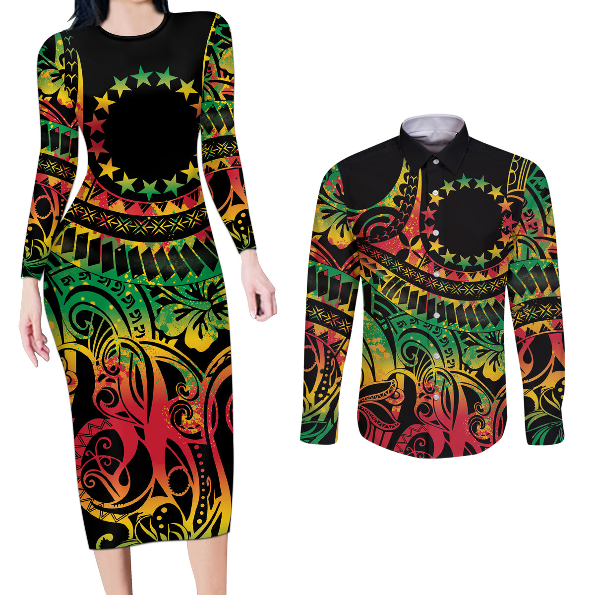 Cook Islands 15 Stars Couples Matching Long Sleeve Bodycon Dress and Long Sleeve Button Shirt Kuki Airani Polynesian Tribal Wave Tattoo LT9 Reggae - Polynesian Pride