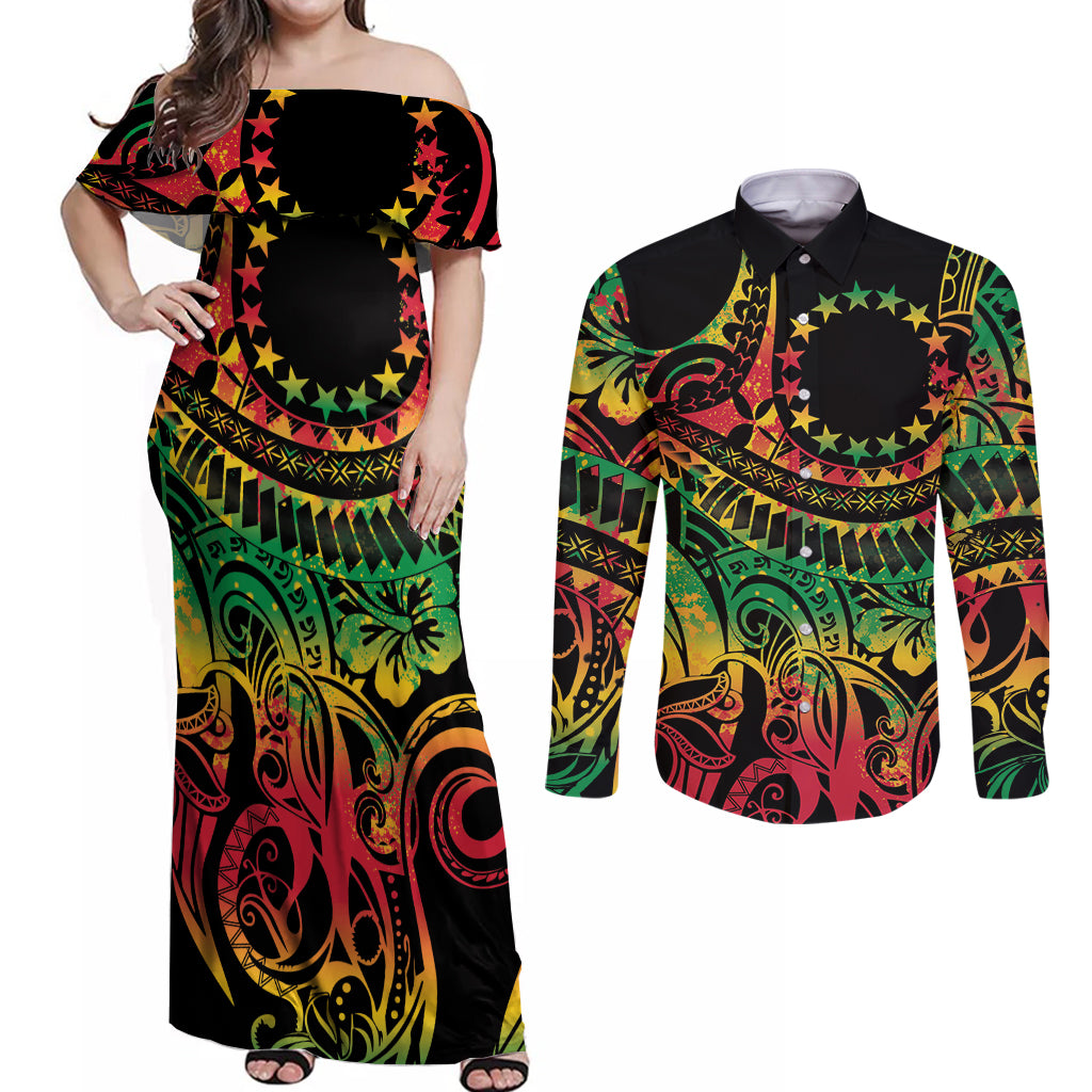 Cook Islands 15 Stars Couples Matching Off Shoulder Maxi Dress and Long Sleeve Button Shirt Kuki Airani Polynesian Tribal Wave Tattoo LT9 Reggae - Polynesian Pride