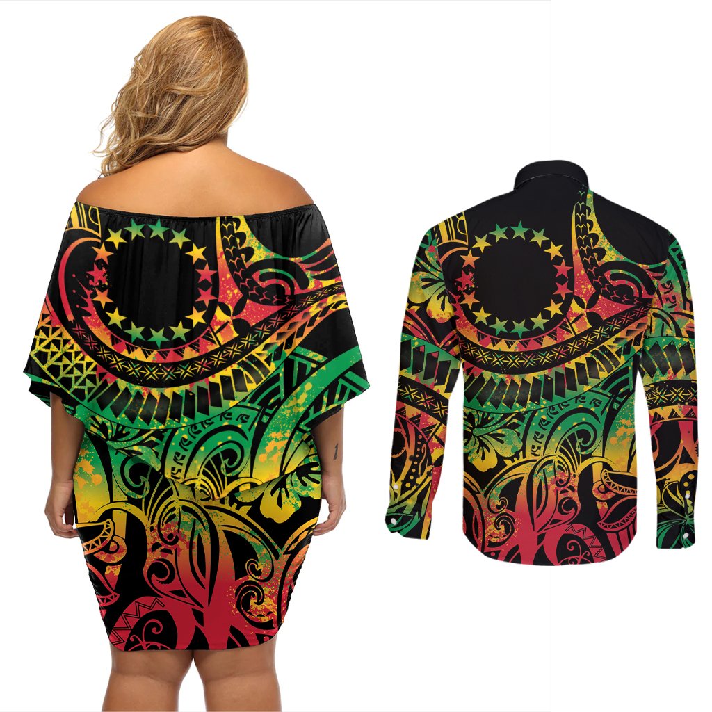 Cook Islands 15 Stars Couples Matching Off Shoulder Short Dress and Long Sleeve Button Shirt Kuki Airani Polynesian Tribal Wave Tattoo LT9 - Polynesian Pride