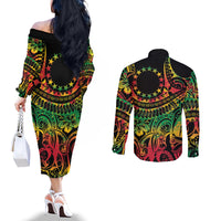 Cook Islands 15 Stars Couples Matching Off The Shoulder Long Sleeve Dress and Long Sleeve Button Shirt Kuki Airani Polynesian Tribal Wave Tattoo LT9 - Polynesian Pride