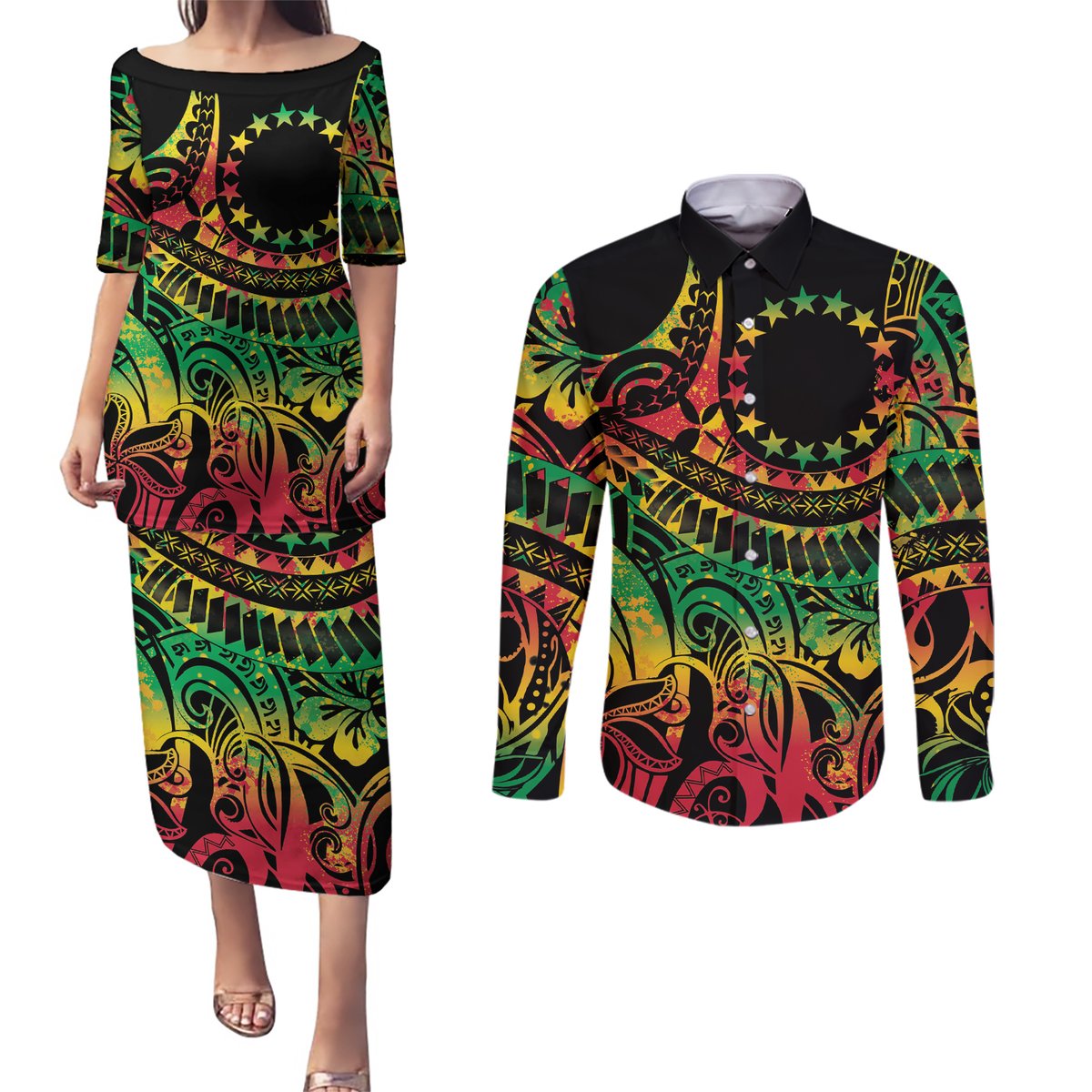 Cook Islands 15 Stars Couples Matching Puletasi and Long Sleeve Button Shirt Kuki Airani Polynesian Tribal Wave Tattoo LT9 Reggae - Polynesian Pride