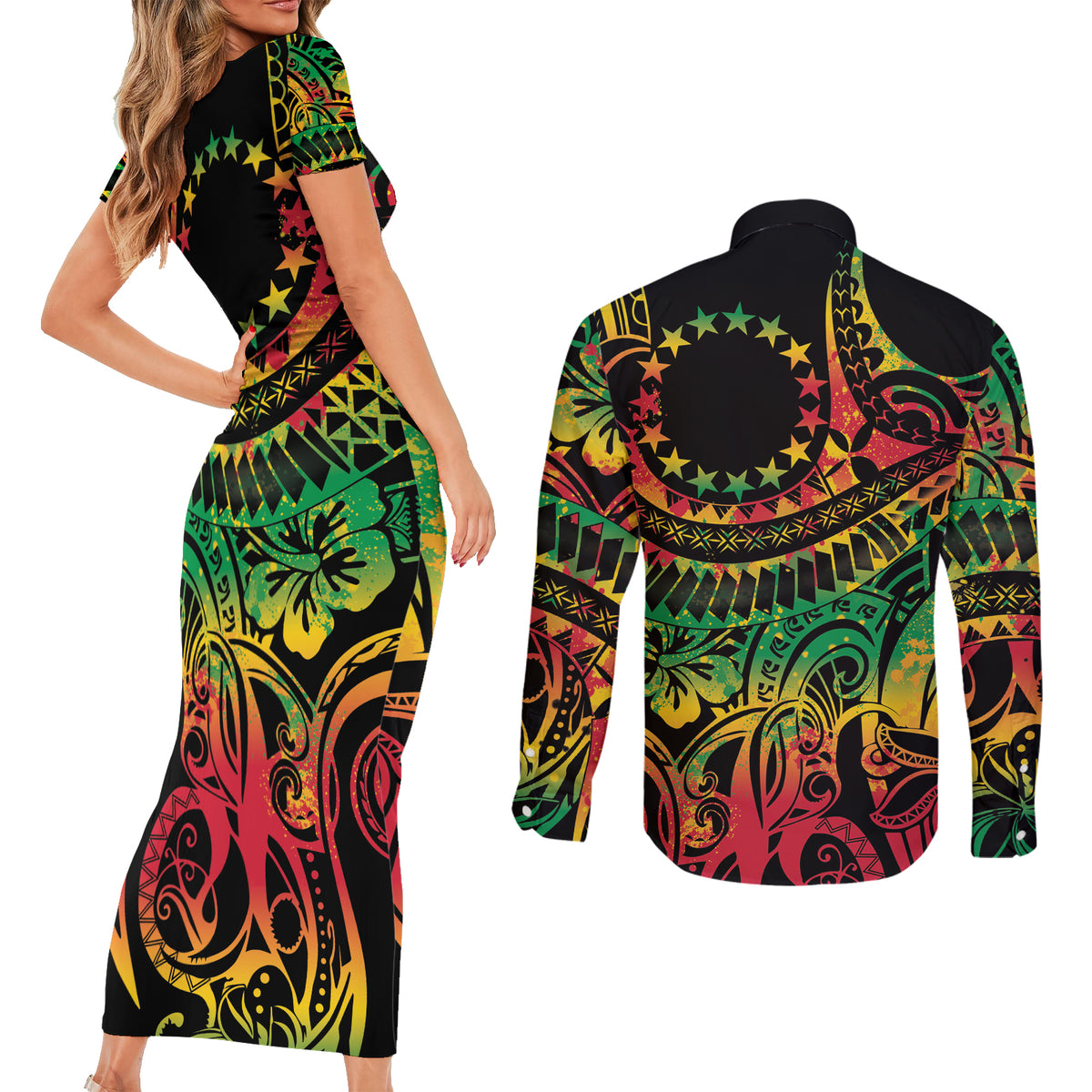 Cook Islands 15 Stars Couples Matching Short Sleeve Bodycon Dress and Long Sleeve Button Shirt Kuki Airani Polynesian Tribal Wave Tattoo LT9 - Polynesian Pride