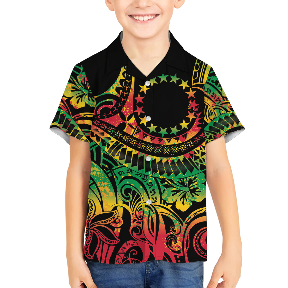 Cook Islands 15 Stars Family Matching Long Sleeve Bodycon Dress and Hawaiian Shirt Kuki Airani Polynesian Tribal Wave Tattoo LT9 Son's Shirt Reggae - Polynesian Pride