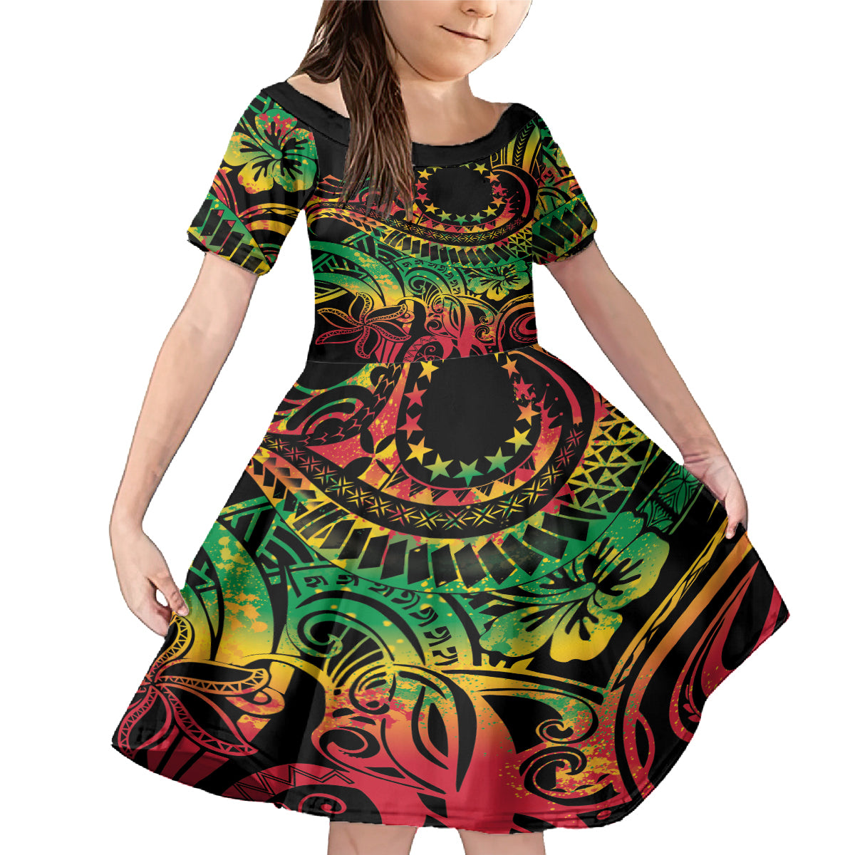 Cook Islands 15 Stars Family Matching Mermaid Dress and Hawaiian Shirt Kuki Airani Polynesian Tribal Wave Tattoo LT9 Daughter's Dress Reggae - Polynesian Pride