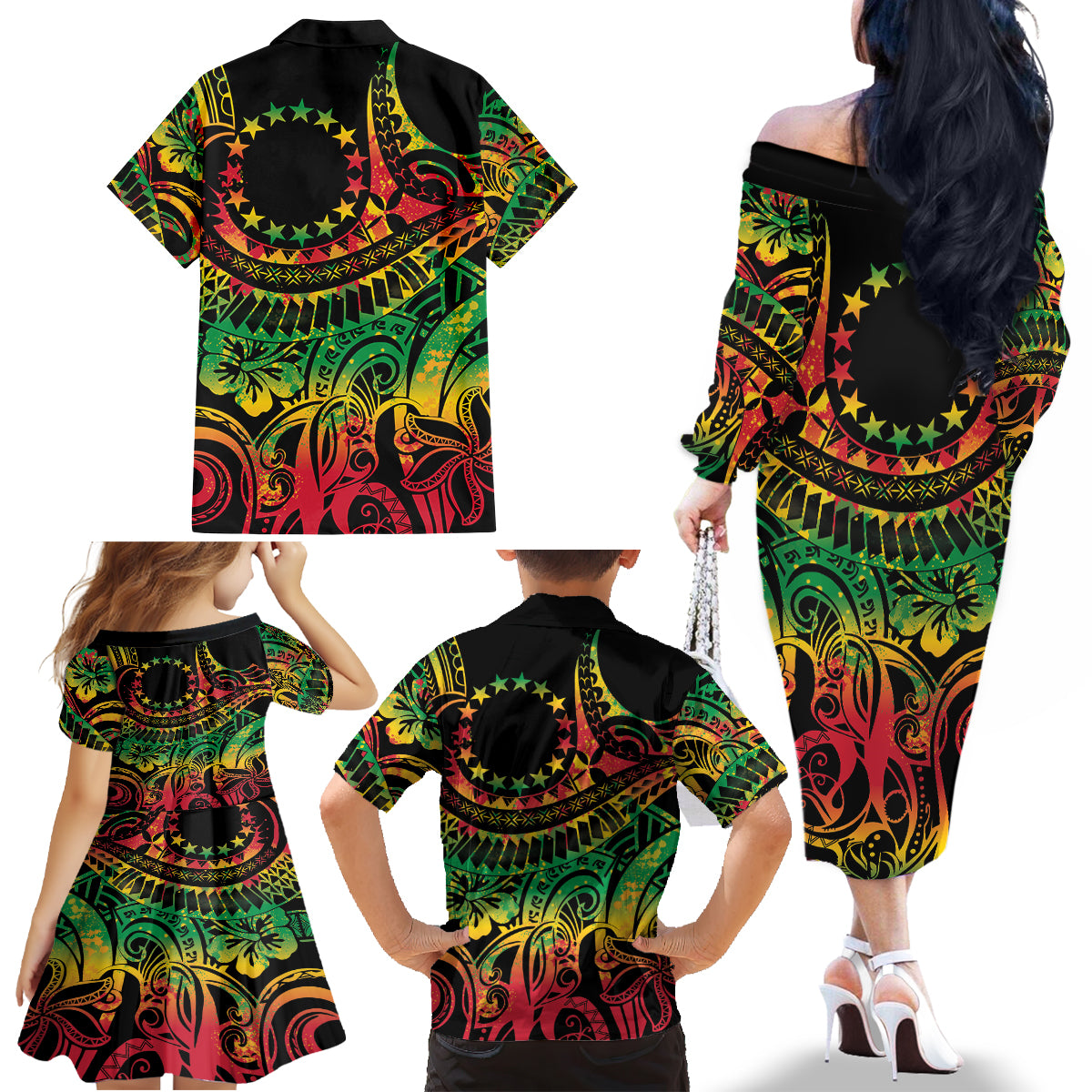 Cook Islands 15 Stars Family Matching Off The Shoulder Long Sleeve Dress and Hawaiian Shirt Kuki Airani Polynesian Tribal Wave Tattoo LT9 - Polynesian Pride