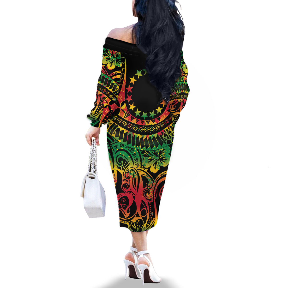 Cook Islands 15 Stars Family Matching Off The Shoulder Long Sleeve Dress and Hawaiian Shirt Kuki Airani Polynesian Tribal Wave Tattoo LT9 - Polynesian Pride